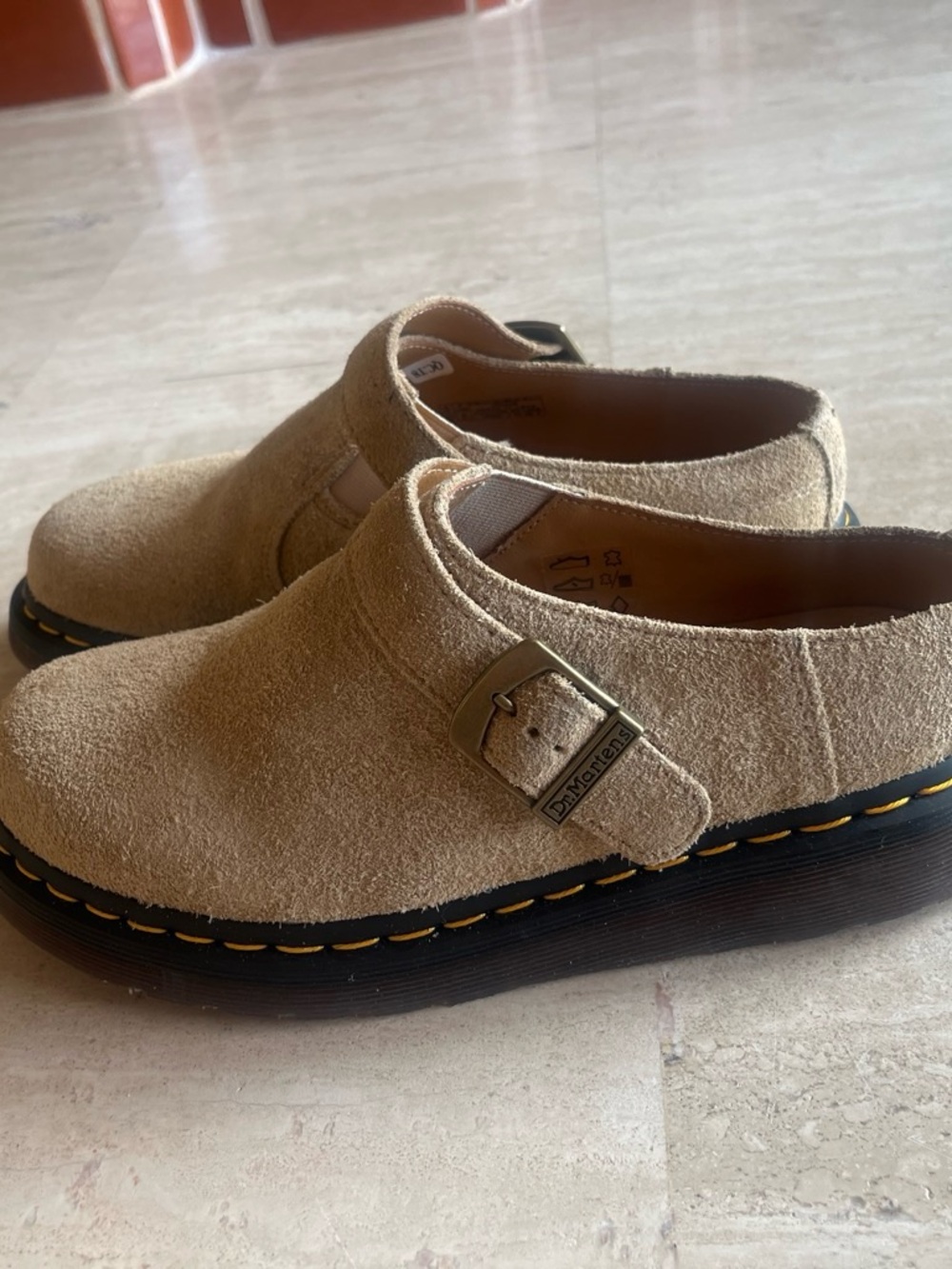 Dr. Martens Beige Suede Buckle Clogs with Black Sole